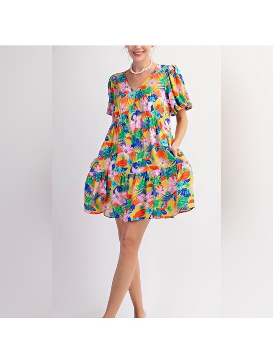 easel Dresses & Skirts - easel Tropical Floral Mini Dress in Yellow Pink Green